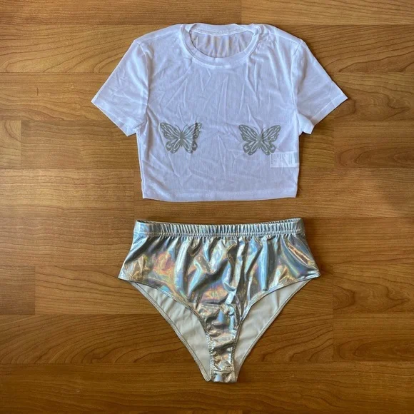 Reflective Silver Butterfly Mesh Rave Set - Picture 2 of 5